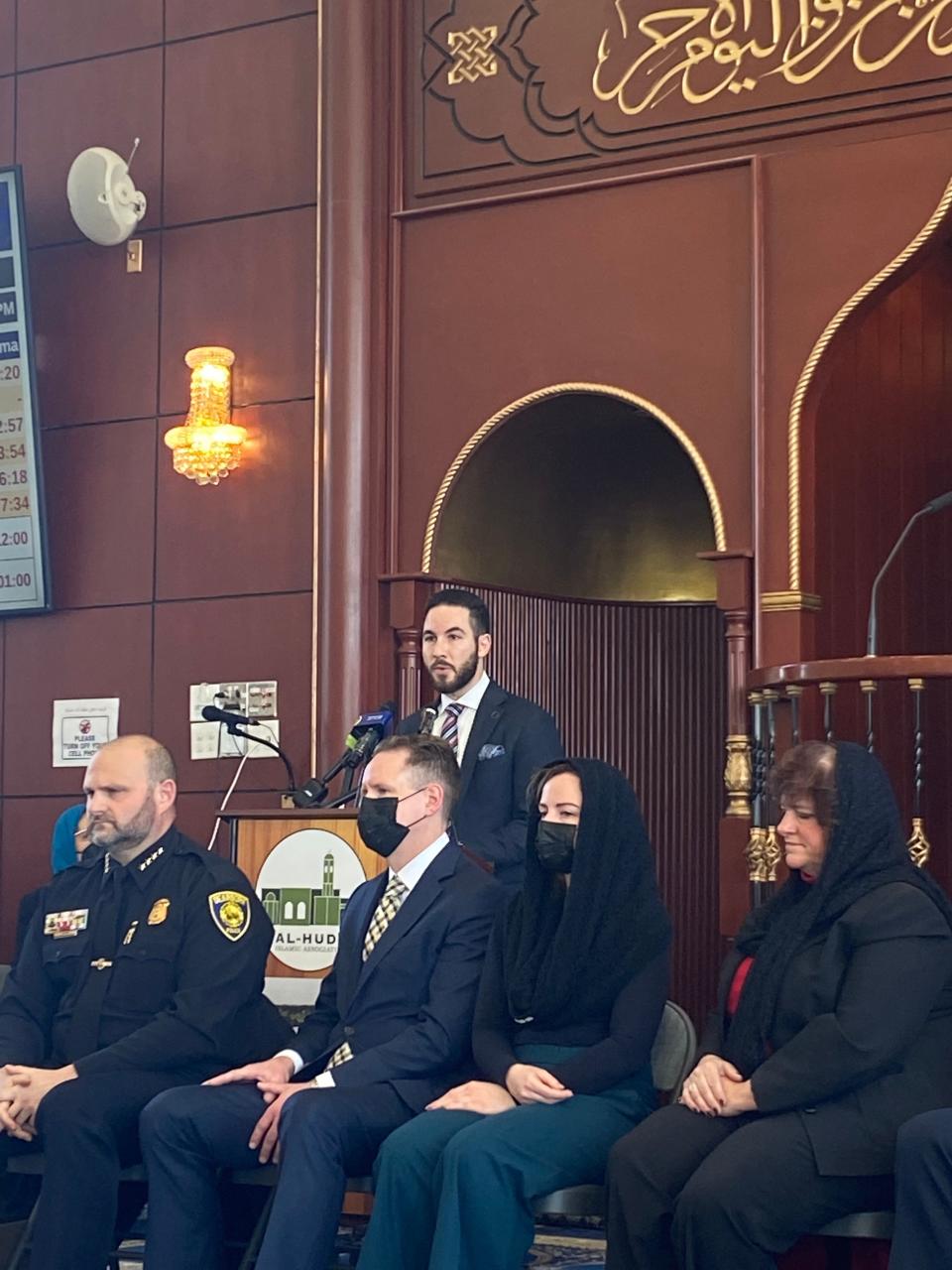 Dearborn Mayor Abdullah Hammoud speaks at Al-Huda Islamic Association, a Dearborn mosque, on Feb. 19, 2022, at a forum to discuss a fire at the mosque on Feb. 12 and police fatal shooting blocks away in Detroit. In front of him from left to right are Dearborn Police Chief Issa Shahin, FBI Detroit Special Agent in Charge Josh Hauxhurst, Dearborn City Councilwoman Erin Byrnes, Dearborn City Councilwoman Leslie Herrick.