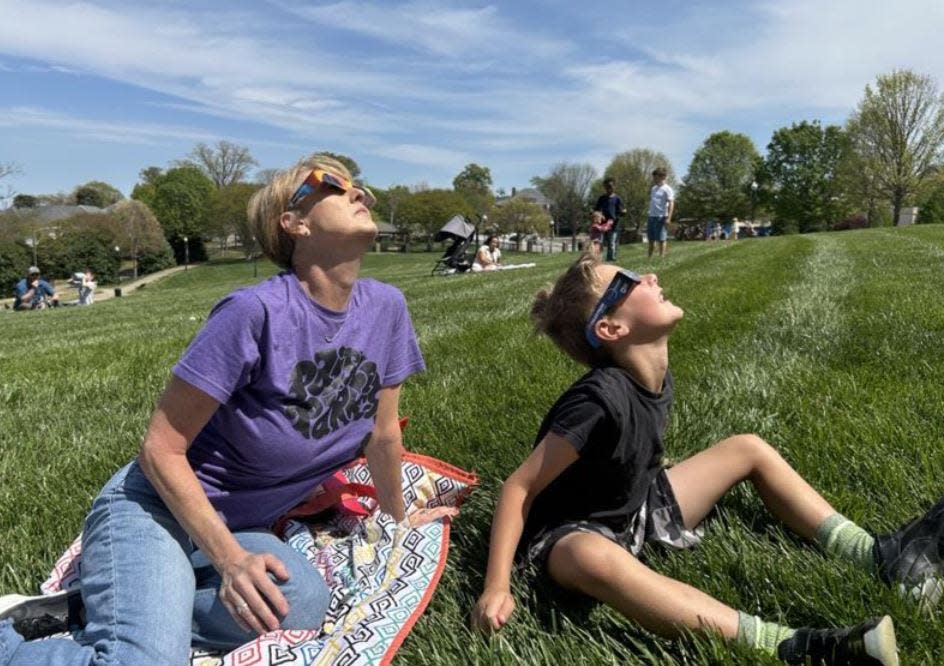 Lori Ruppe, of Spartanburg, was out with her grandson Cruize Athens 7, of Simpsonville, at Barnet Park on Monday April 8, 2024 to see the partial eclipse.