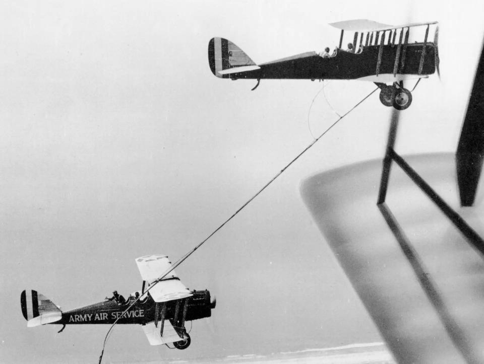 A picture of the two modified DH-4Bs during the aerial refueling test on June 27, 1923. <em>USAF</em>
