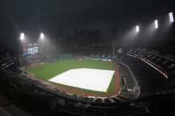 Jun 20, 2018; Pittsburgh, PA, USA; Rain delays the start of the Milwaukee Brewers and Pittsburgh Pirates game at PNC Park. Mandatory Credit: Charles LeClaire-USA TODAY Sports