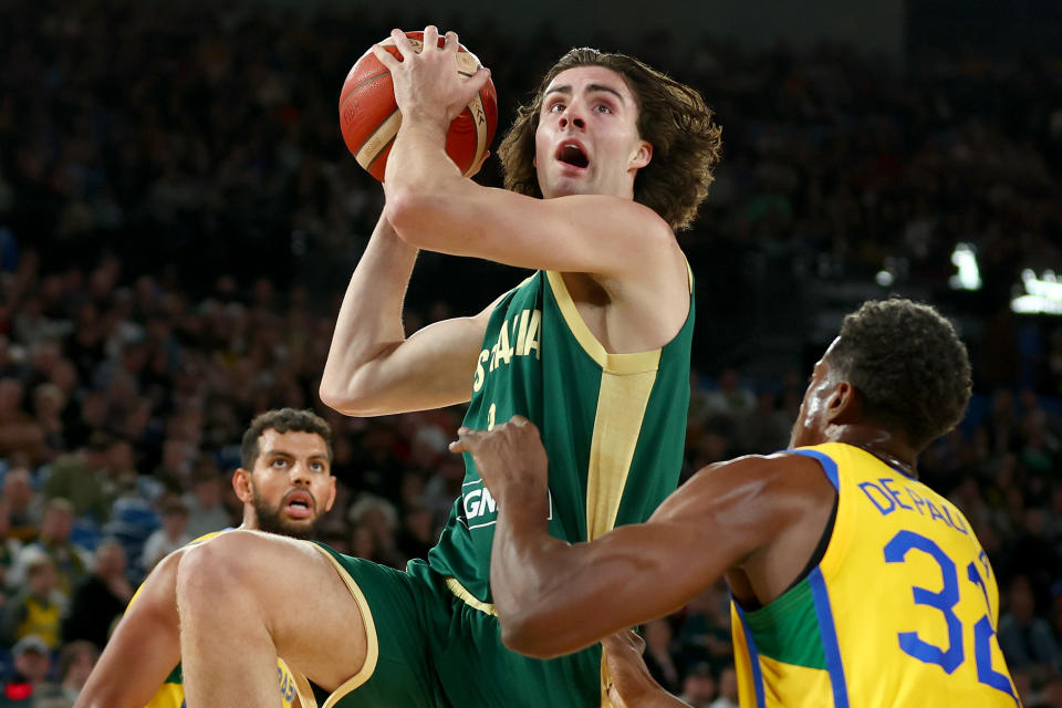 MELBOURNE, AUSTRALIA – AUGUST 16: Josh Giddey of Australia looks towards goal during the match between the Australia Boomers and Brazil at Rod Laver Arena on August 16, 2023 in Melbourne, Australia. (Photo by Graham Denholm/Getty Images)