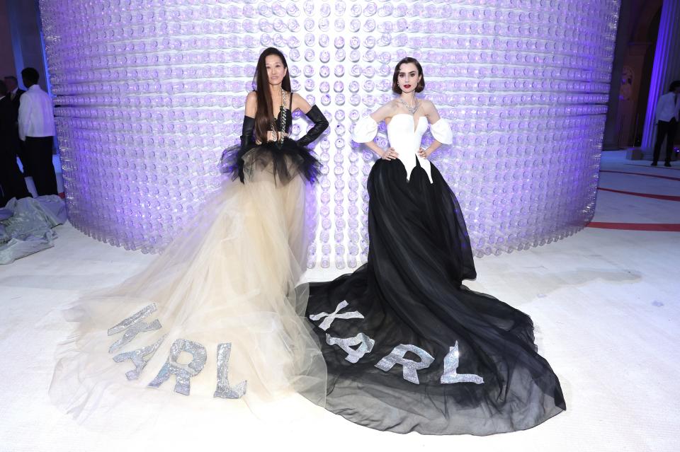 Sometimes, being too off-theme can ruffle feathers, but in this case, being too on-theme was a topic of conversation. Vera Wang and Lily Collins arrived at the Met Gala in matching dresses. While seemingly subtle from the front, the back of the dresses were a bit of a shock. The long tulle trains read “Karl” in glittery block letters, so if you happened not to know the theme, they <em>literally</em> spelled it out for you.