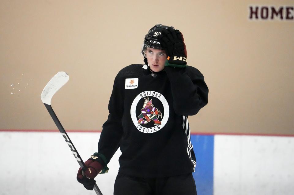 Arizona Coyotes rookie Logan Cooley (92) during rookie camp at Ice Den Scottsdale on Sept. 13, 2023.