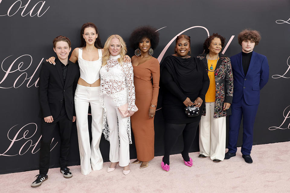 Luke David Blumm, Nicola Peltz Beckham, Virginia Madsen, Taprena Michelle Augustine, Raven Goodwin, Hilda Boulware and Richie Merritt attend the premiere of "Lola" at Regency Bruin Theatre on February 03, 2024 in Los Angeles, California.