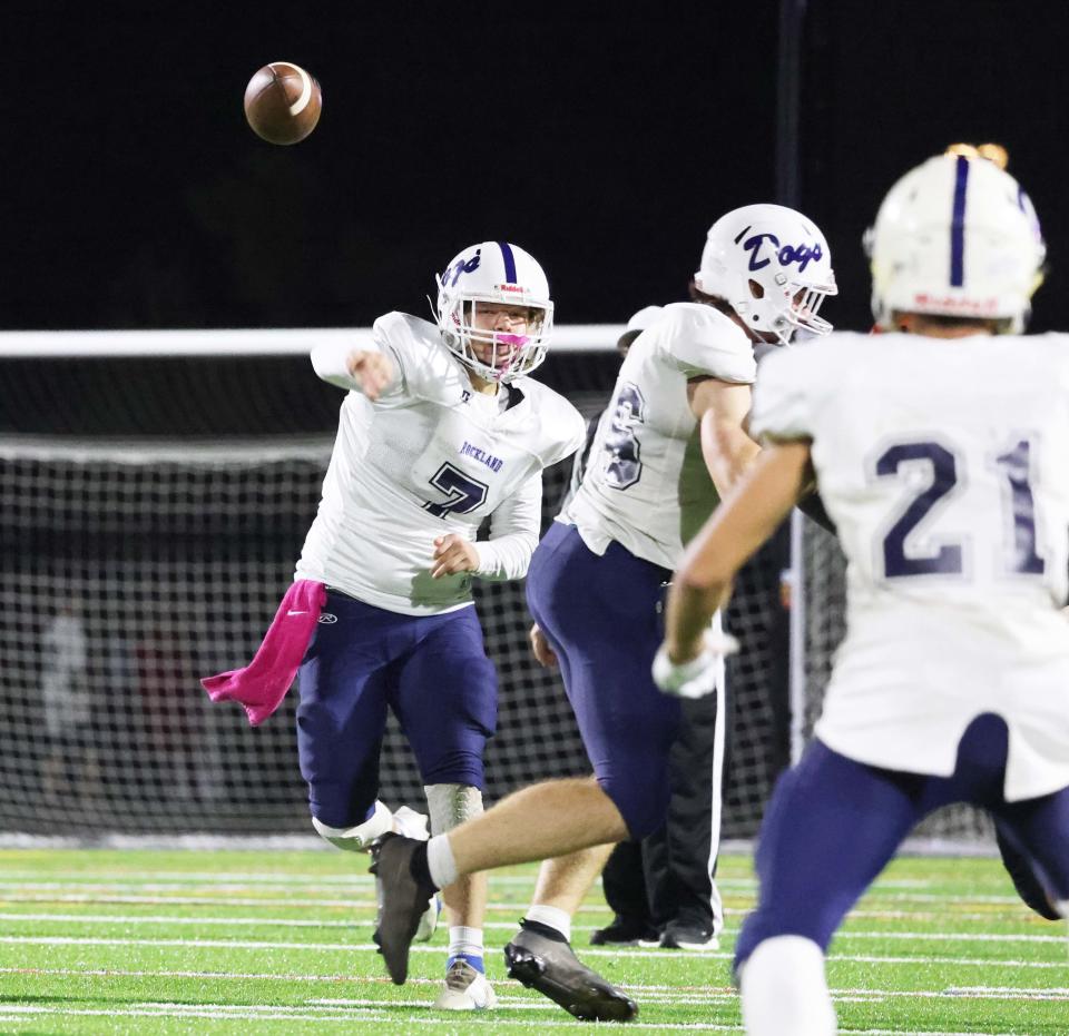 Rockland quarterback Michael Moriarty passes the football during a game versus Middleboro on Friday, Oct. 15, 2021.  