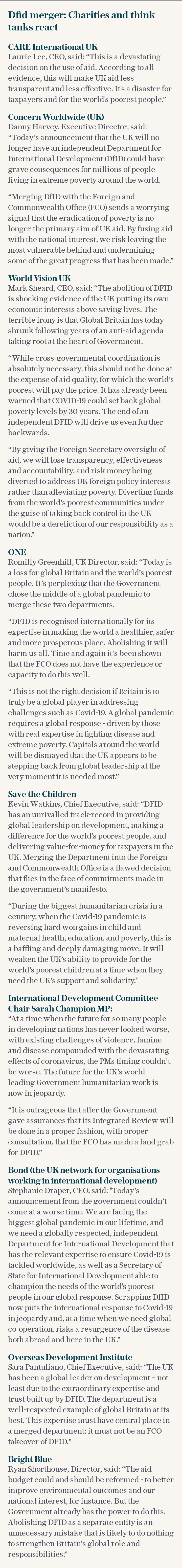 Dfid merger reaction