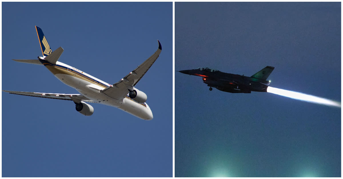 A Singapore Airlines Airbus 350 plane (left) and an RSAF F16 fighter jet. (PHOTOS: Getty Images/MINDEF)