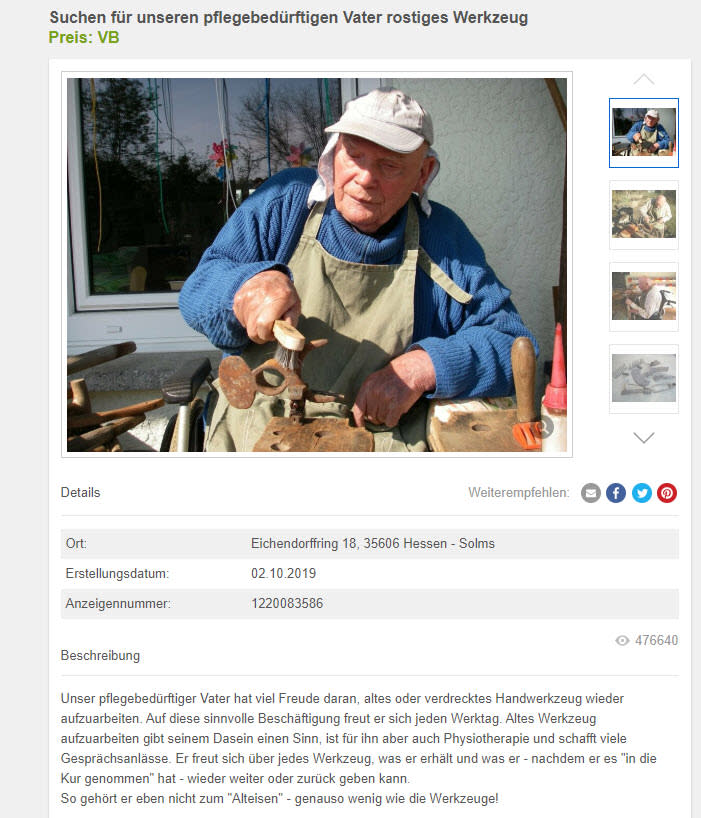 Auf die Ebay-Anzeige gab es schon viel Resonanz. (Bild: Screenshot Ebay Kleinanzeigen)