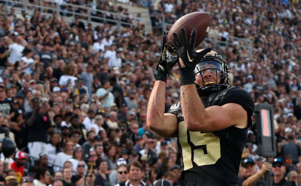 Purdue Boilermakers wide receiver Charlie Jones (15) catches a pass for a touchdown during the NCAA football game against the Indiana State Sycamores, Saturday, Sept. 10, 2022, at Ross-Ade Stadium in West Lafayette, Ind. Purdue won 56-0.