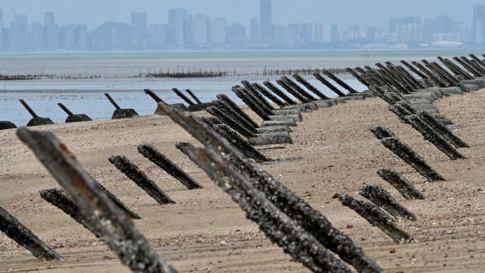 Anti-landing spikes placed along the coast of Taiwan's Kinmen islands, which lie just two miles from the Chinese coast (in background), as pictured on October 20, 2020 - Sam Yeh/AFP/Getty Images