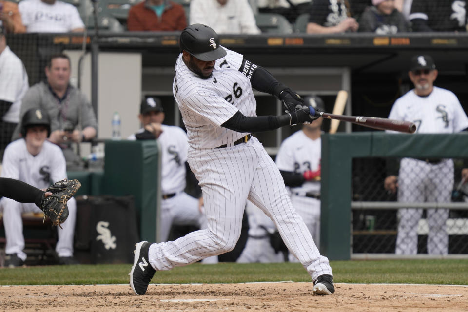 Chicago White Sox's Hanser Alberto hits an RBI single during the fifth inning of a baseball game against the San Francisco Giants in Chicago, Wednesday, April 5, 2023. (AP Photo/Nam Y. Huh)