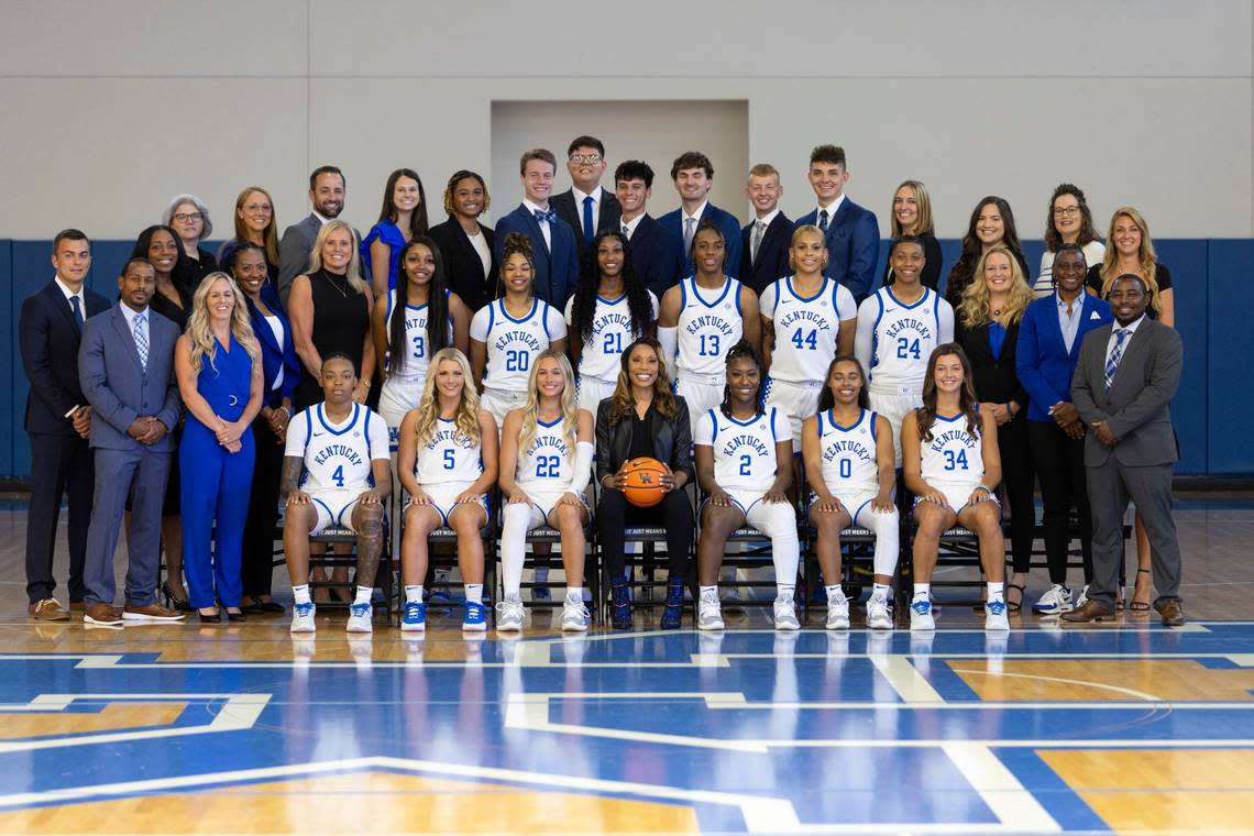 The Kentucky women’s basketball team pose for a group photo ahead of the 23-24 season during a photo day at the Joe Craft Center in Lexington, Ky, September 6, 2023.