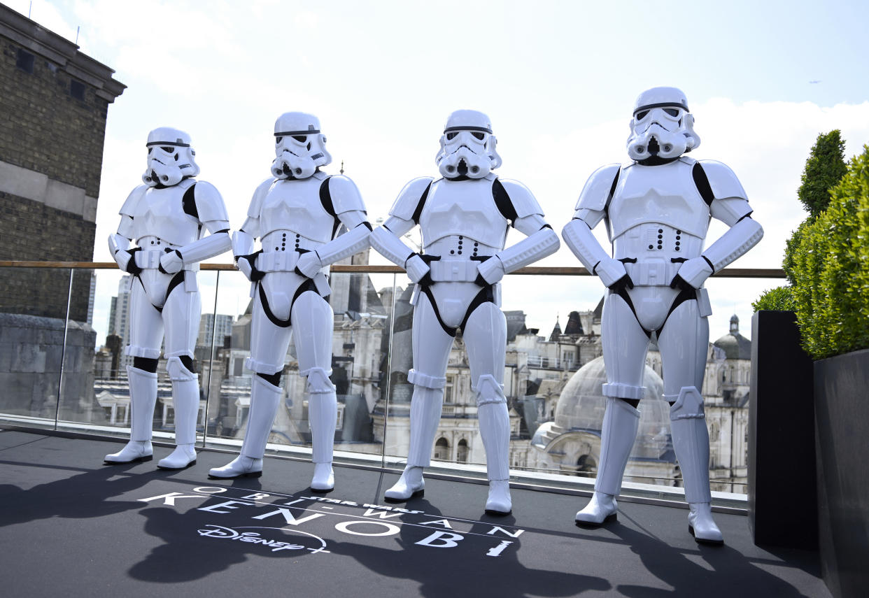 LONDON, ENGLAND - MAY 12: Stormtroopers at the photocall for the new Disney+ limited series 