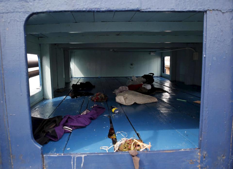 Living quarters on a boat that carried Rohingya migrants for three months is seen at Langkawi island