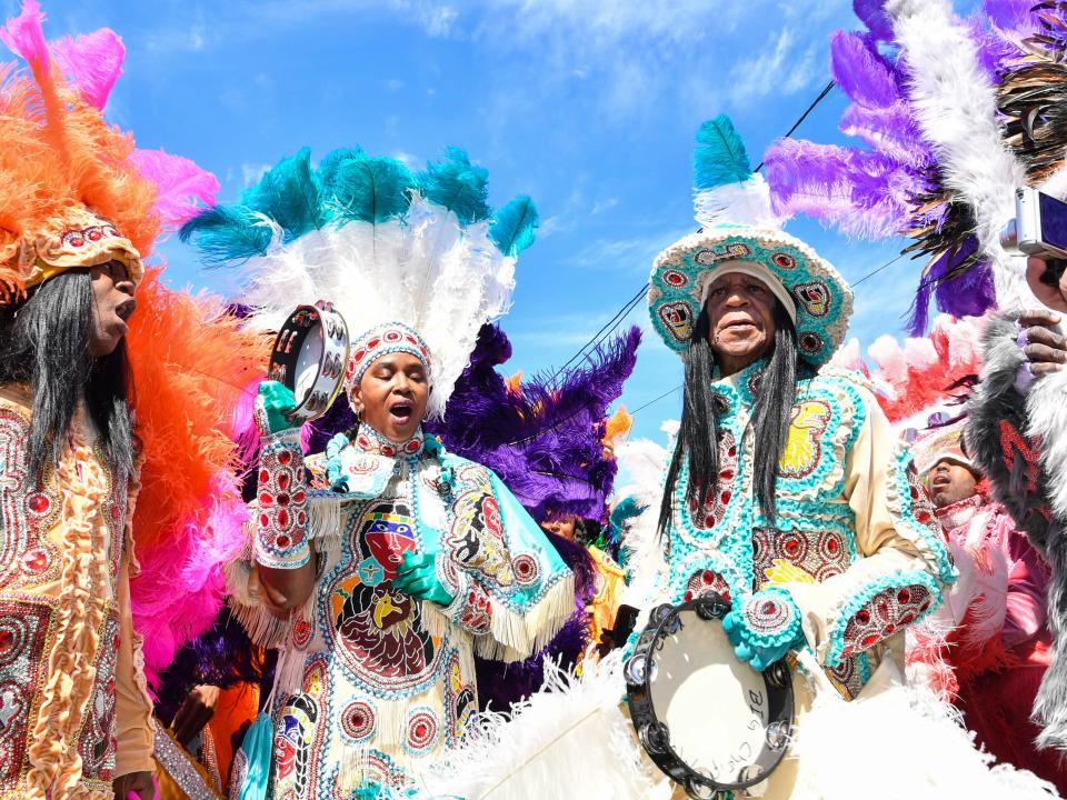Members of the Golden Eagles Mardi Gras Indians on March 5, 2019 in New Orleans, Louisiana