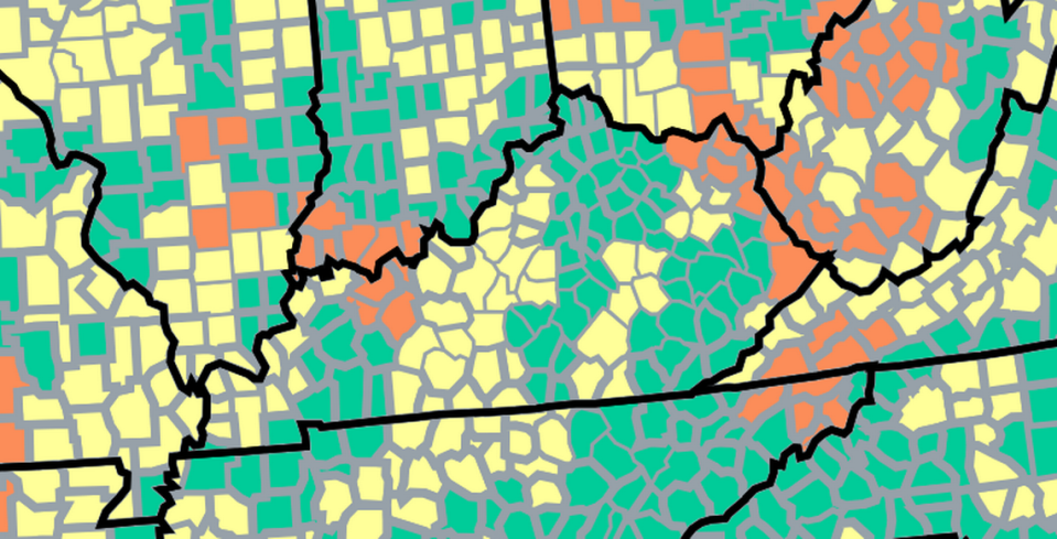 This map from the U.S. Centers for Disease Control and Prevention shows new hospitalization admission rates for COVID-19 by county in Kentucky.