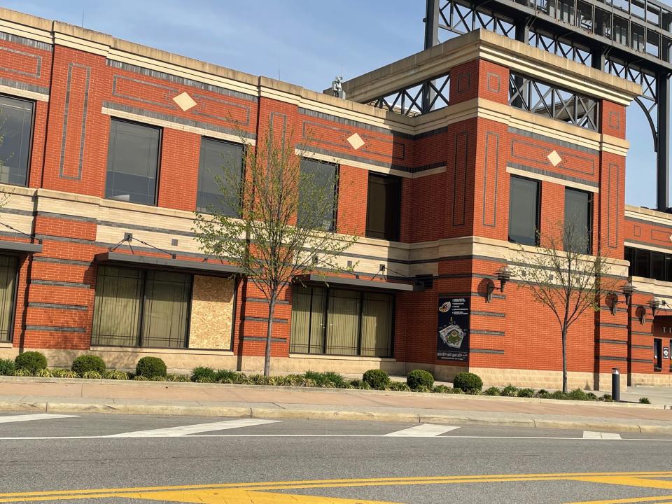 A window is seen boarded up at Canal Park, home of the Akron RubberDucks minor league baseball team, in downtown Akron on Thursday, April 20, 2023. RubberDucks spokesman Jimmy Farmer said one window was broken at 3 a.m. Thursday.