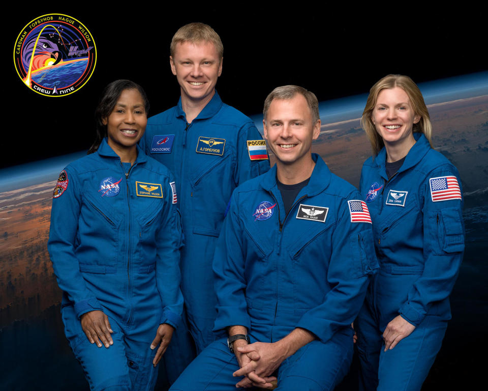 Official crew portrait 9 (from left): Stephanie Wilson, cosmonaut Alexander Gorbunov, pilot Nick Hague and commander Zena Cardman. Hague, a former test pilot and space flight veteran, is replacing Cardman as commander. Cardman and Wilson were taken off the crew to free up two seats for use by NASA's Starliner astronauts. / Credit: NASA