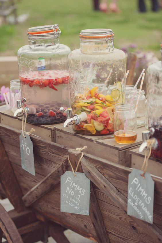 <p>Forget about the Pimms jug. Fill up some kitsch glass dispensers with different infused Pimms and leave some mason jars for guests to fill up whenever they want. <i><a href="https://uk.pinterest.com/pin/354869645615627367/" rel="nofollow noopener" target="_blank" data-ylk="slk:[Photo: Pinterest];elm:context_link;itc:0;sec:content-canvas" class="link ">[Photo: Pinterest]</a></i></p>