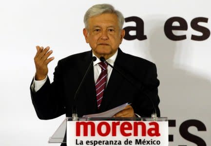 FILE PHOTO: Mexican presidential candidate Andres Manuel Lopez Obrador of the National Regeneration Movement (MORENA), gives a speech during his registration as a pre-candidate for MORENA for the July 2018 presidential election, in Mexico City, Mexico December 12, 2017. REUTERS/Henry Romero