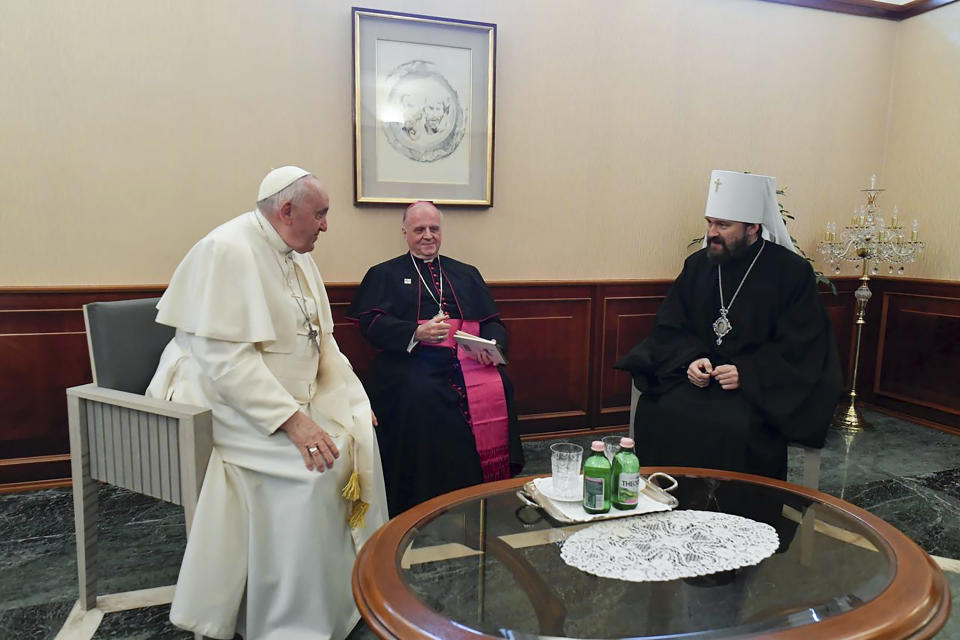 In this picture made available by Vatican Media Saturday, April 29, 2023 Pope Francis, left, meets the Russian Orthodox Church's representative in Hungary, Metropolitan Hilarion at the Holy See's embassy in Budapest.The Vatican said the 20-minute meeting was "cordial." (Vatican Media via AP)