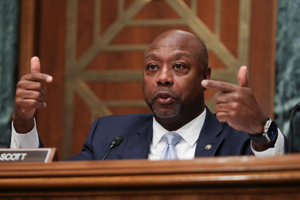 U.S. Senator Tim Scott (R-SC) speaks during a Senate Banking, Housing and Urban Affairs Committee hearing on Capitol Hill in Washington, U.S., April 18, 2023. REUTERS/Amanda Andrade-Rhoades