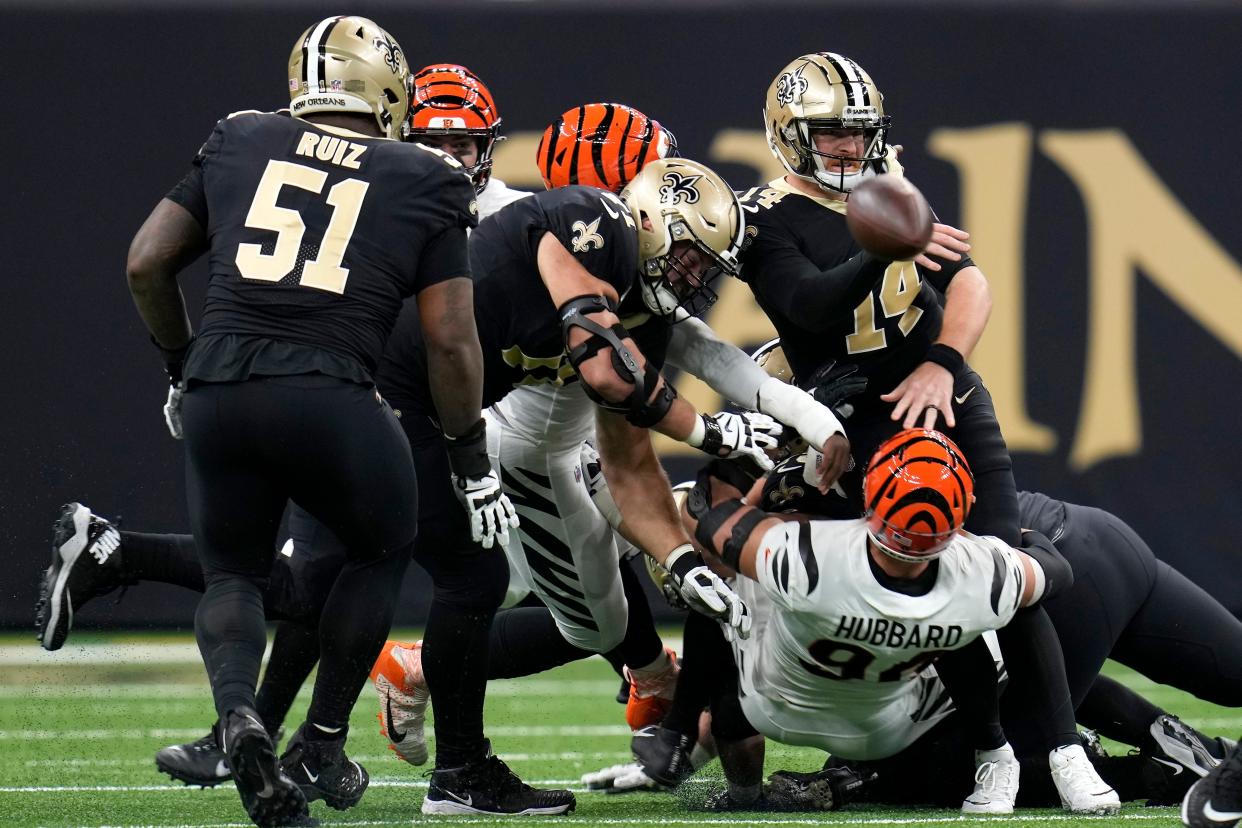 Saints quarterback Andy Dalton was sacked once Sunday against the Bengals.