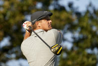 Bryson DeChambeau, of the United States, plays his shot from the 17th tee during the final round of the US Open Golf Championship, Sunday, Sept. 20, 2020, in Mamaroneck, N.Y. (AP Photo/John Minchillo)