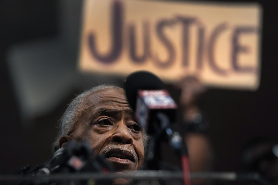 The Rev. Al Sharpton speaks during a news conference about the death of Tyre Nichols Tuesday, Jan. 31, 2023, at Mason Temple in Memphis, Tenn. A funeral service for Nichols, who died after being beaten by Memphis police officers during a traffic stop, is scheduled to be held on Wednesday. (AP Photo/Jeff Roberson)