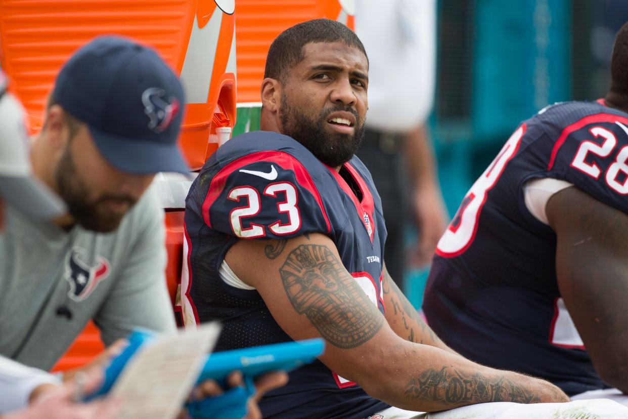 Oct 18, 2015; Jacksonville, FL, USA; Houston Texans running back Arian Foster (23) looks on during the second quarter against the Jacksonville Jaguars at EverBank Field. Mandatory Credit: Logan Bowles-USA TODAY Sports