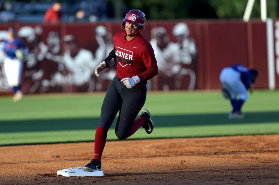 OU's Jayda Coleman rounds the bases after hitting a home run during a fall scrimmage against North Central Texas College at Marita Hynes Field in Norman on Oct. 16, 2023.