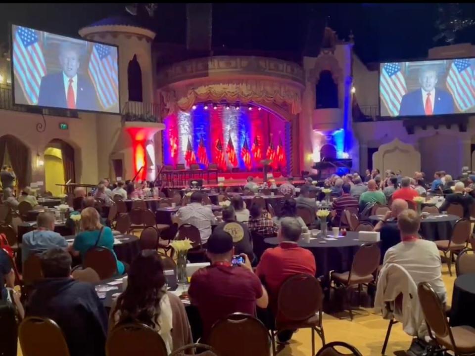 Trump’s remarks were broadcast to a half-empty room at the Indiana roof ballroom in Indianapolis (Adam Wren / screengrab)