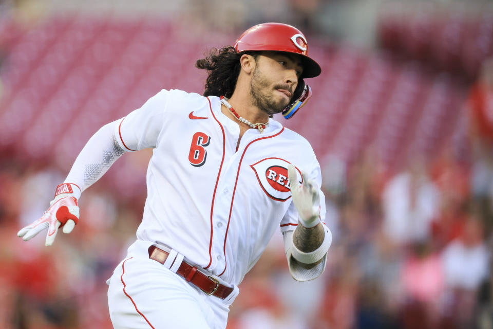 Cincinnati Reds' Jonathan India runs the bases after hitting a double during the first inning of a baseball game against the Philadelphia Phillies in Cincinnati, Thursday, April 13, 2023. (AP Photo/Aaron Doster)