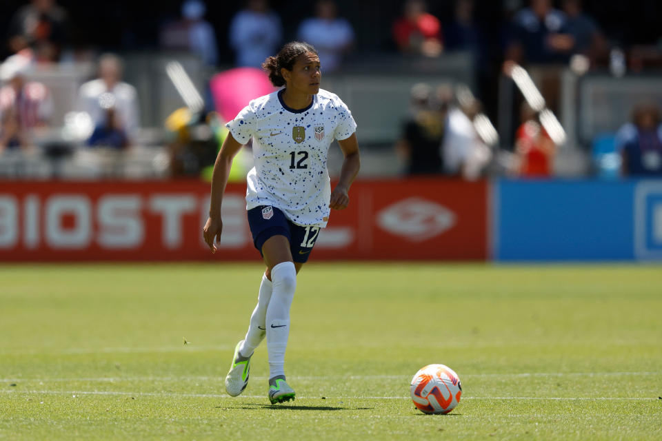 Alana Cook passes the ball against <a class="link " href="https://sports.yahoo.com/soccer/teams/wales/" data-i13n="sec:content-canvas;subsec:anchor_text;elm:context_link" data-ylk="slk:Wales;sec:content-canvas;subsec:anchor_text;elm:context_link;itc:0">Wales</a> during the second half of an international friendly at PayPal Park in San Jose, Calif., on July 9, 2023.<span class="copyright">Lachlan Cunningham—USSF/Getty Images</span>