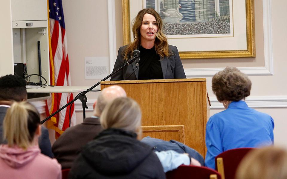 Rebecca Simpson from Ohioans to Stop Executions speaks at Ashland University's Life Beyond Death event, a discussion of conservatives against the death penalty on Tuesday, April 19, 2022. TOM E. PUSKAR/TIMES-GAZETTE.COM