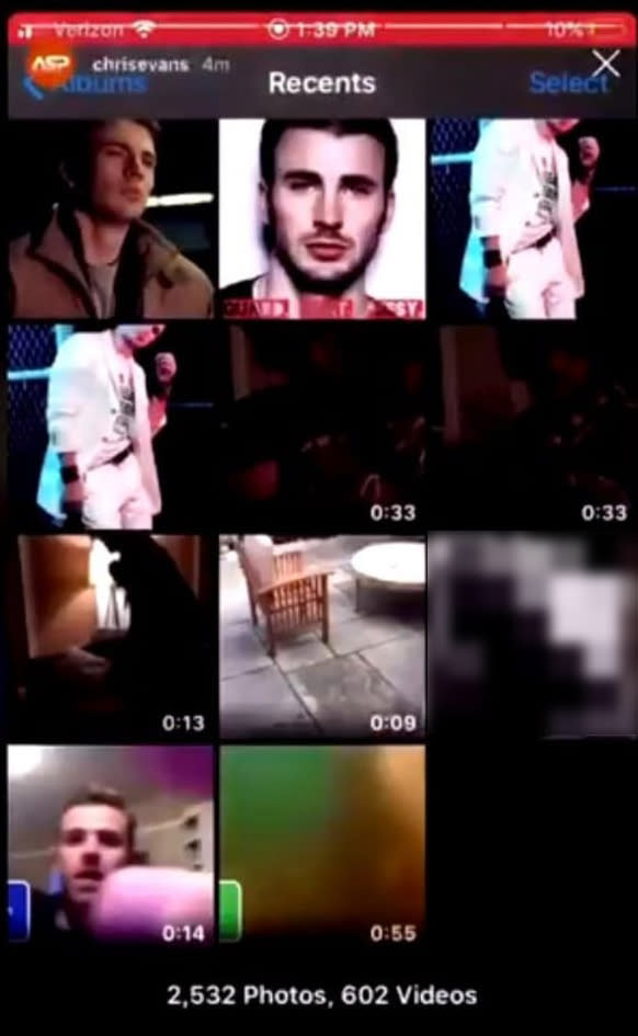 Image of camera roll accidentally shared by Chris Evans on IG live, with image of penis blurred out