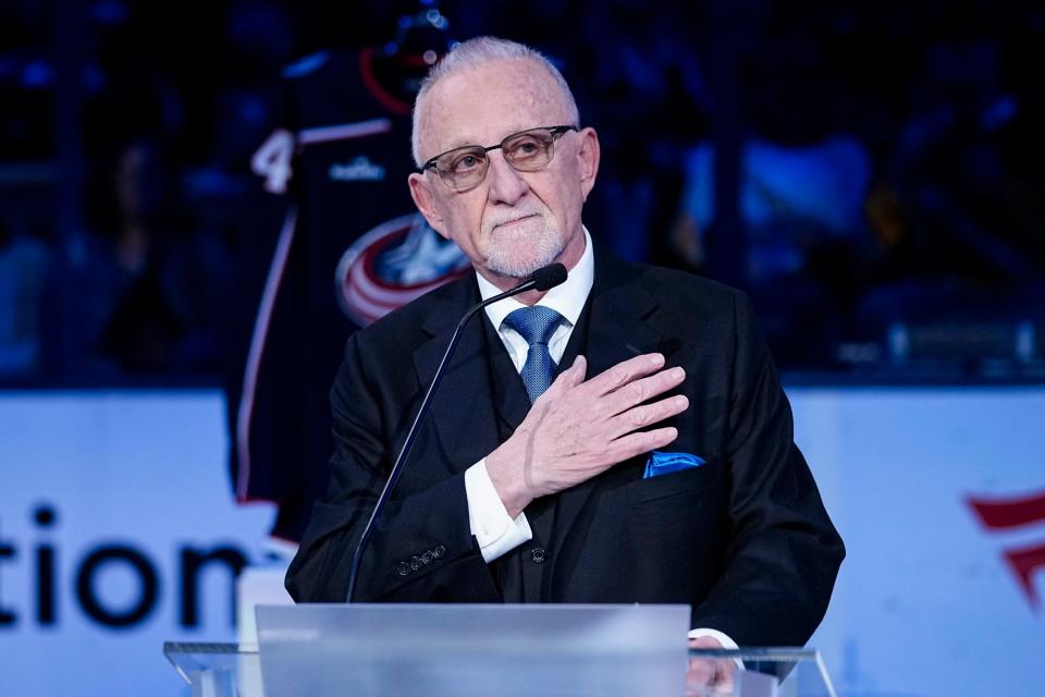 Mar 30, 2024; Columbus, Ohio, USA; Jeff Rimer salutes the fans as the legendary broadcaster is honored prior to the NHL hockey game between the Columbus Blue Jackets and the Pittsburgh Penguins at Nationwide Arena. Rimer is retiring at the end of the season.