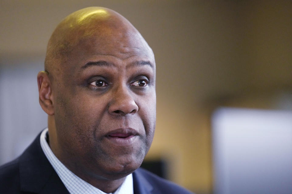 File - United Auto Workers President Ray Curry speaks during an interview, Thursday, Jan. 19, 2023, in Detroit. The vote count in the election to decide the United Auto Workers' top leader should come to an end Thursday. Challenger Shawn Fain leads incumbent Curry, but they're still counting challenged ballots that could change the outcome. (AP Photo/Carlos Osorio)