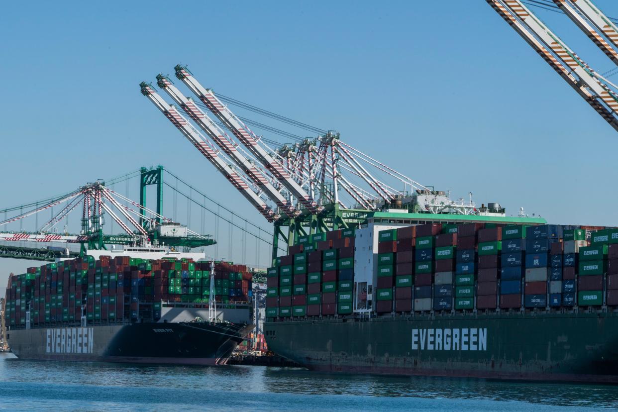 San Pedro, Calif., cargo ships wait to be offloaded at the Port of Los Angeles.