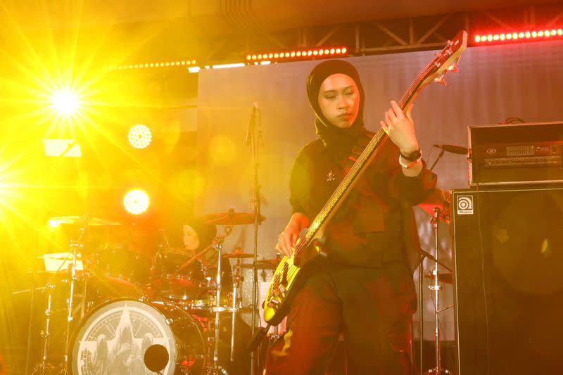 Widi (23) a bass player in the Voice of Baceprot Band performs at Soundsfest Experience in Jakarta
