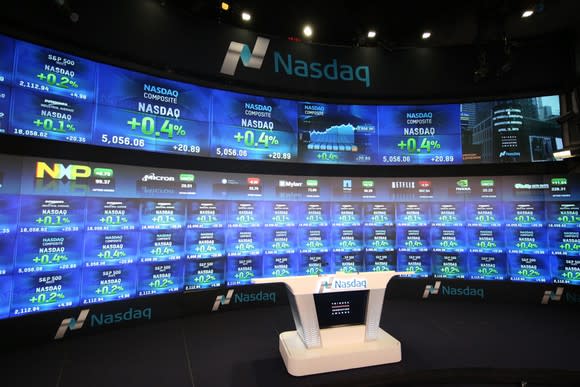 An inside look at one of Nasdaq's television studios, with the electronic big board in the background.