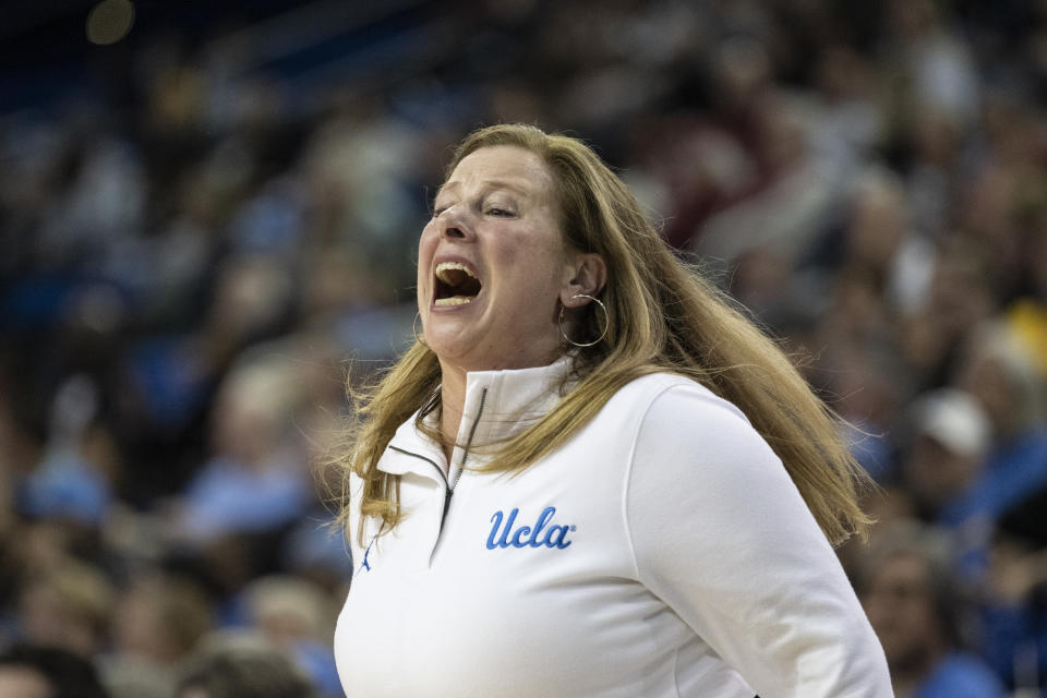 UCLA head coach Cori Close yells instructions during the first half of a second-round college basketball game against Oklahoma in the NCAA Tournament, Monday, March 20, 2023, in Los Angeles. (AP Photo/Kyusung Gong)