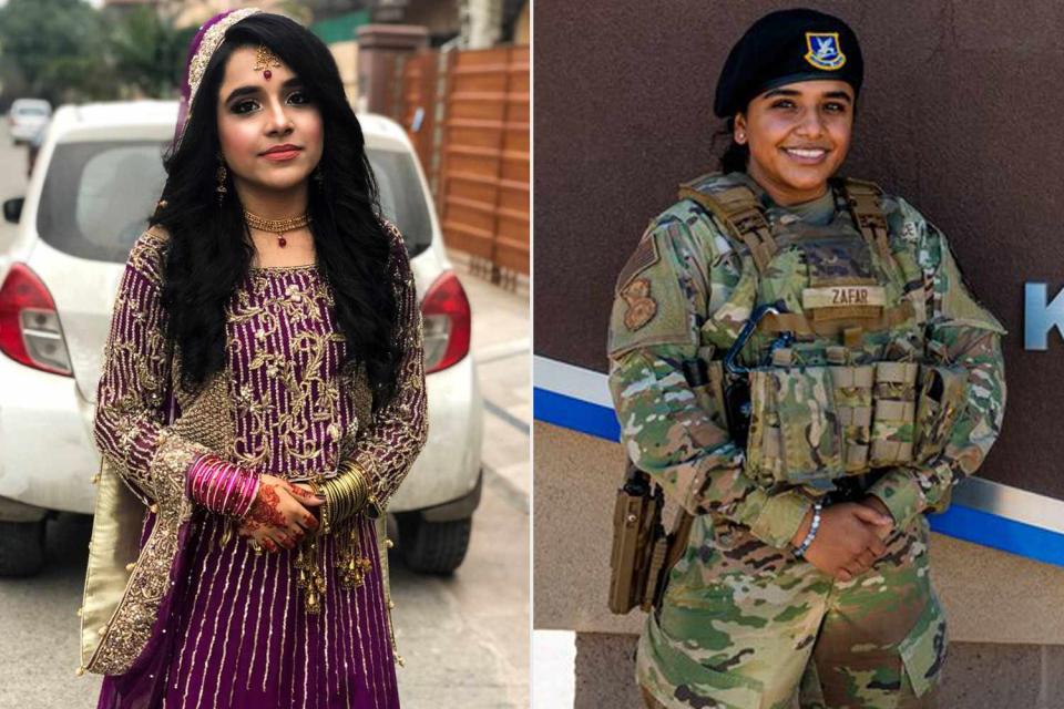 <p>U.S. Air Force courtesy photo by Hamna Zafar; U.S. Air Force photo by Senior Airman Karissa Dick</p> Hamna Zafar, 23, escaped an arranged marriage and now serves in the U.S. Air Force