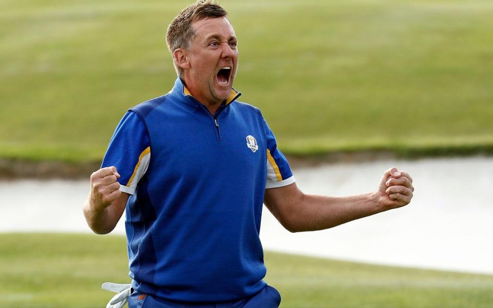  In this Sept. 30, 2018, file photo, Europe's Ian Poulter celebrates after defeating Dustin Johnson of the United States during a singles match on the final day of the 42nd Ryder Cup at Le Golf National in Saint-Quentin-en-Yvelines, France - AP