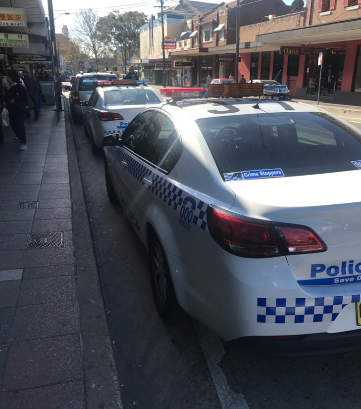 Police cars in Campsie, NSW, where a driver bit a senior constable multiple times.