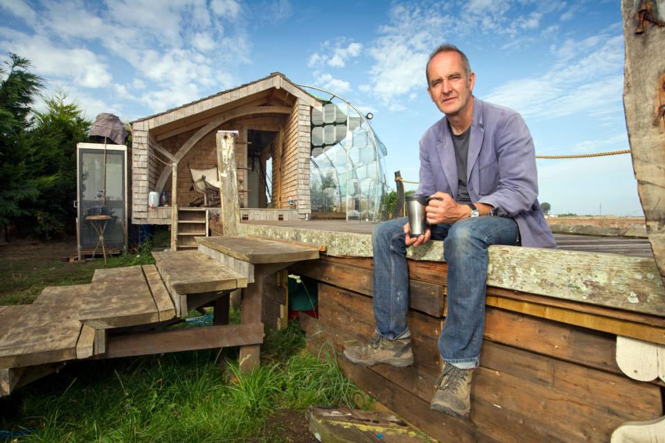 Kevin McCloud with his shed in Watchet, Somerset.