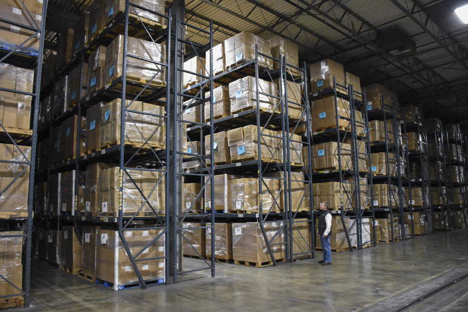 Boxes of personal protection equipment maintained by the Missouri Department of Health and Senior Services are shown stacked in a warehouse in Jefferson City, Mo., on Dec. 1, 2023. (Brad Bashore/Missouri Department of Health and Senior Services via AP)