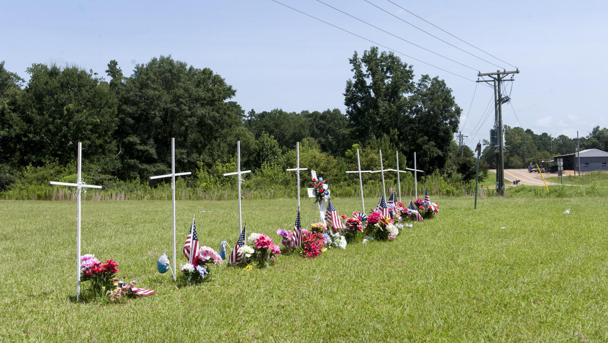 Eight white crosses were erected in memory of the victims in Mississippi. (Photo: Melissa Jeltsen/HuffPost)