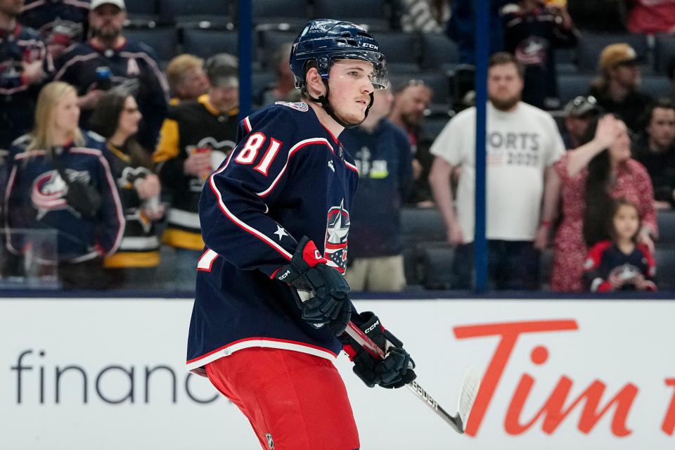 Columbus Blue Jackets defenseman Stanislav Svozil (81) warms up prior to the NHL hockey game against the Pittsburgh Penguins at Nationwide Arena on April 13, 2023.