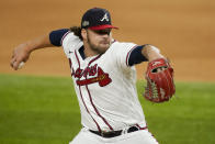 Atlanta Braves relief pitcher Bryse Wilson trows against the Los Angeles Dodgers during the first inning in Game 4 of a baseball National League Championship Series Thursday, Oct. 15, 2020, in Arlington, Texas. (AP Photo/Tony Gutierrez)